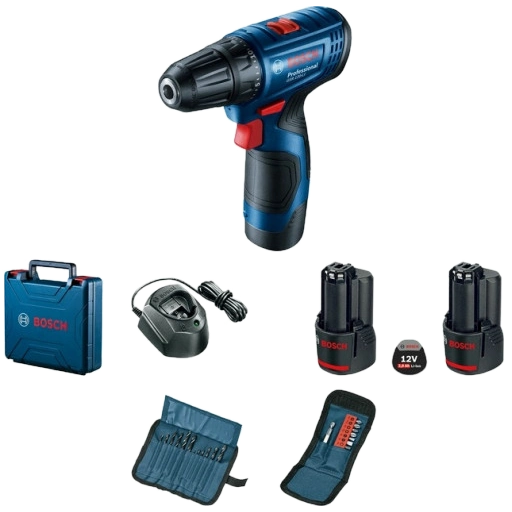 Акумуляторний шурупокрут + 2 акб 2.0 Ah + ЗУ + набір біт 11 шт. + набір свердл 12 шт. Bosch GSR 120-LI (06019G8002)