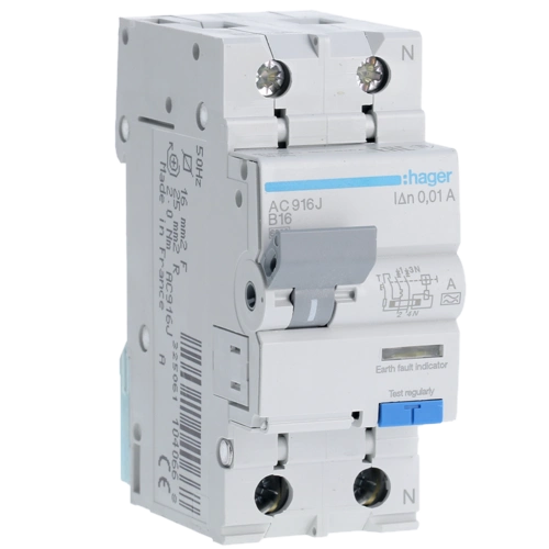 Диференційний автоматичний вимикач Hager 1P+N 6kA B 16A 10mA A