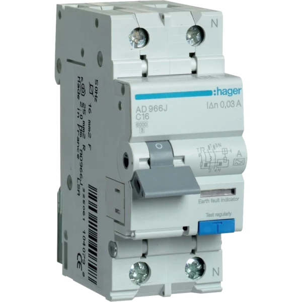 Дифавтомат Hager 1+N С16/30mA 6кА, тип-A AD966J