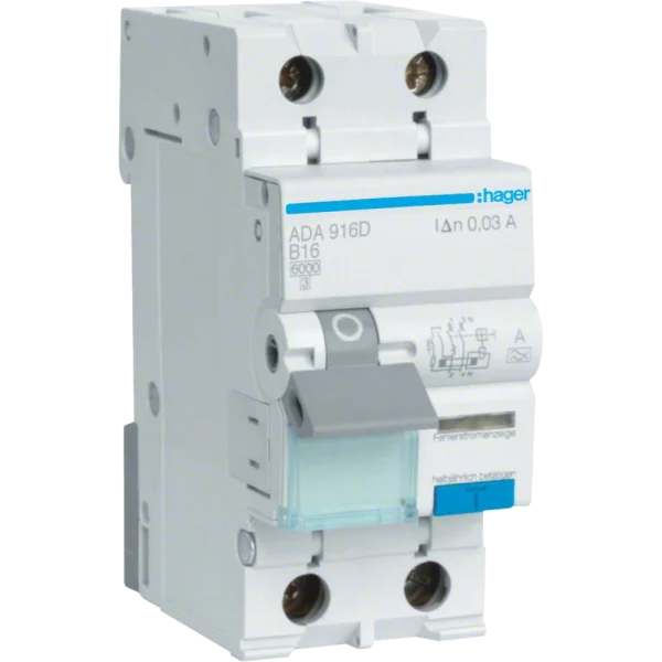 Дифавтомат 1P+N, 6kA, B-16A, 30mA, A Hager ADA916D