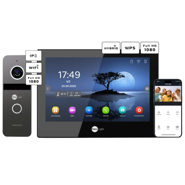 Комплект відеодомофону Neolight ALPHA Hybrid Black + SOLO IPW Graphite с уголком, PoE адаптер для вызовной панели