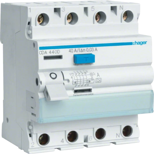 Диференціальне реле 4P, 6kA, 40A, 30mA, A Hager CDA440D