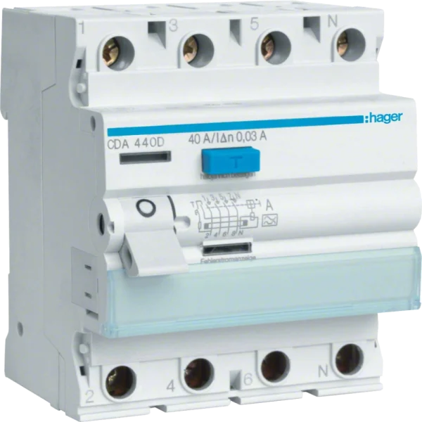 Диференційне реле 4P, 6kA, 63A, 30mA, AО: "A" Hager CDA463D