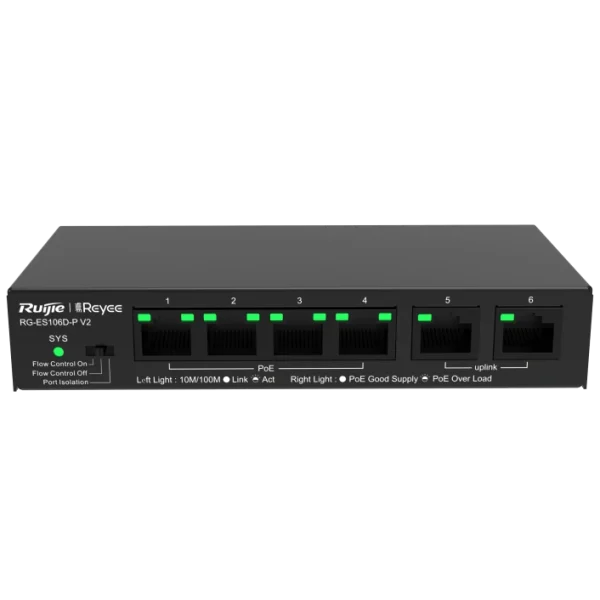 Комутатор 6 портів некерований Ruijie Reyee RG-ES106D-P V2 PoE