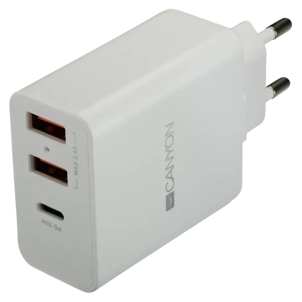 Мережевий зарядний пристрiй Canyon H-08 white (QC/PD 30W)