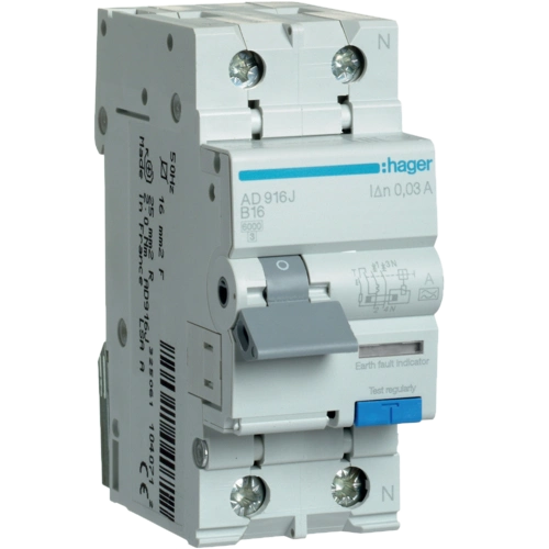 Диференційний автоматичний вимикач Hager 1P+N 6kA B 16A 30mA A