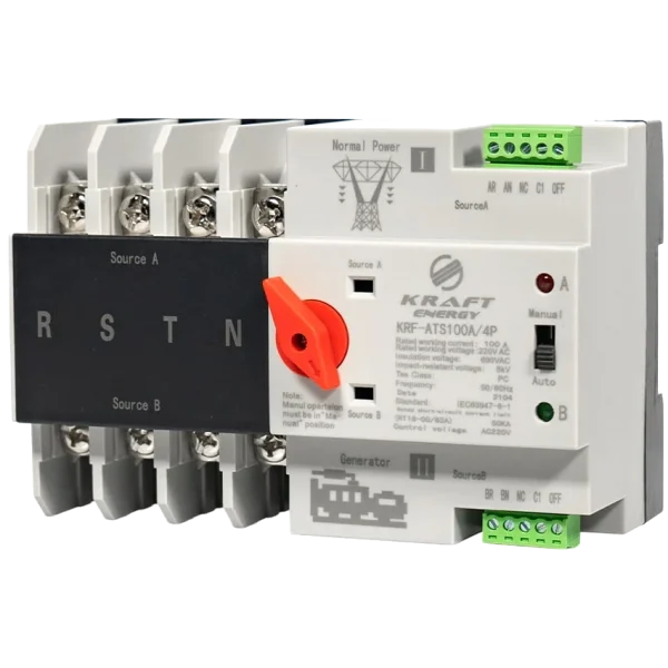 Автоматичний перемикач (АВР) під DIN-рейку 4 полюси Kraft KRF-ATS100A/4p