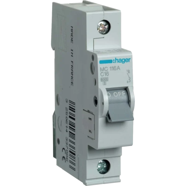 Автоматичний вимикач Hager In=16А «C» 6kA MC116A