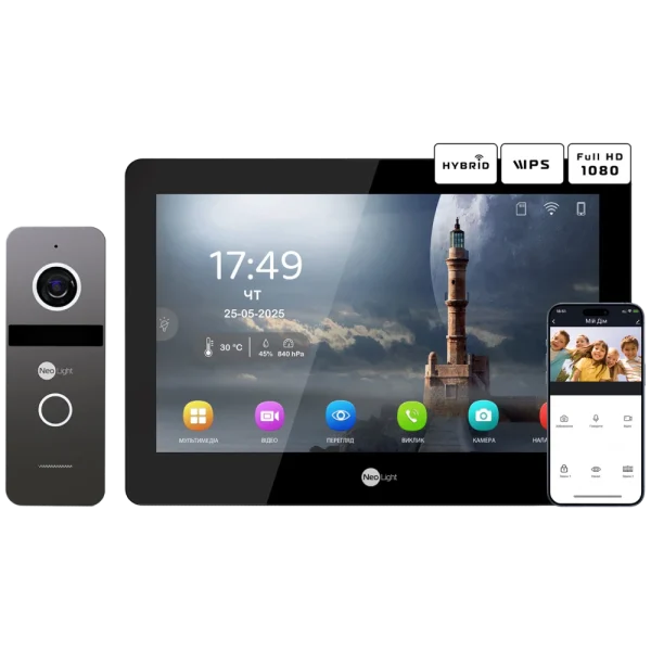 Комплект відеодомофону Neolight MEZZO Hybrid Black + SOLO IP Graphite с уголком, PoE адаптер для вызовной панели