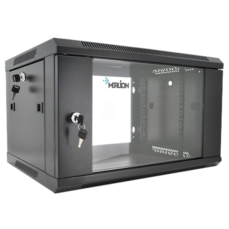 Шафа загартоване скло, чорна. сталь 1,2мм з замком Merlion 6U, 600*450*367