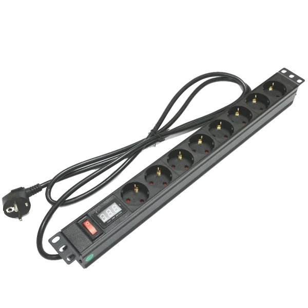 Блок 19" на 8 роз. нім. станд., 16А, 1U, з вимикачем та амперметром Kingda