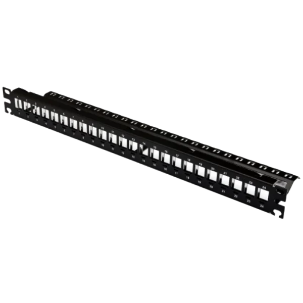 Патч-панель 19" під 24 модуля Keystone, 1U із заднім організатором, заземл., чорна Патч-панель