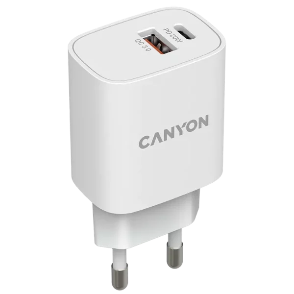 Мережевий зарядний пристрiй Canyon H-08 white (QC18W/PD 20W)