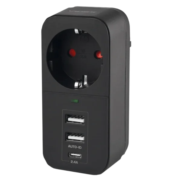 Мережевий адаптер з заземленням VIDEX ONCORD з/з 1п 2.4A 2USB+USB-C Black