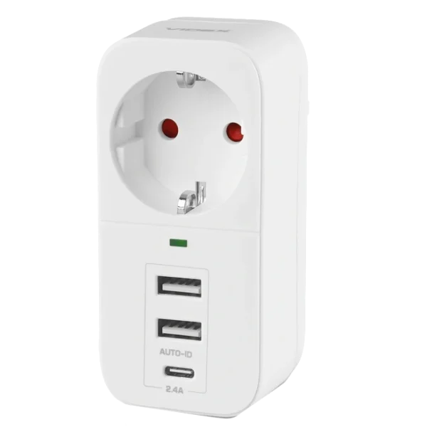 Мережевий адаптер Type-C з заземленням VIDEX ONCORD 1п 2.4A 2USB+USB-C