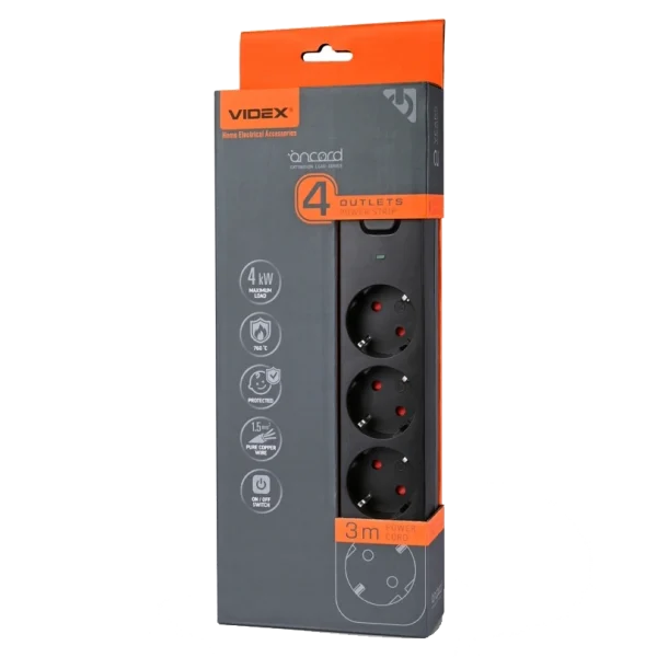 Мережевий подовжувач з кнопкою Black VIDEX ONCORD з/з 4п 3м (3x1.5мм)