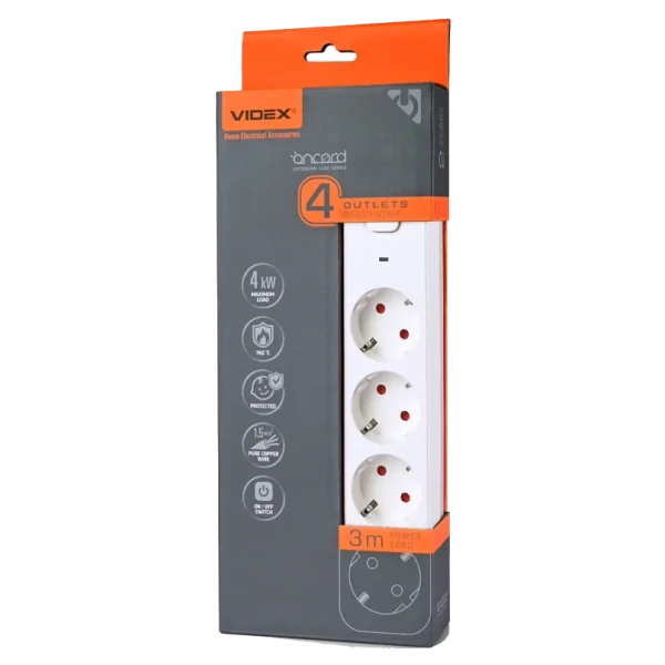Мережевий подовжувач з кнопкою White VIDEX ONCORD з/з 4п 3м (3x1.5мм)