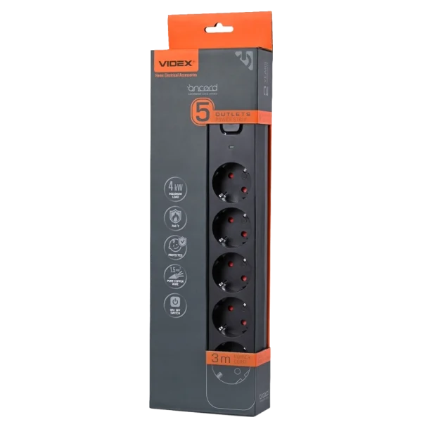 Мережевий подовжувач з кнопкою Black VIDEX ONCORD з/з 5п 3м (3x1.5мм)