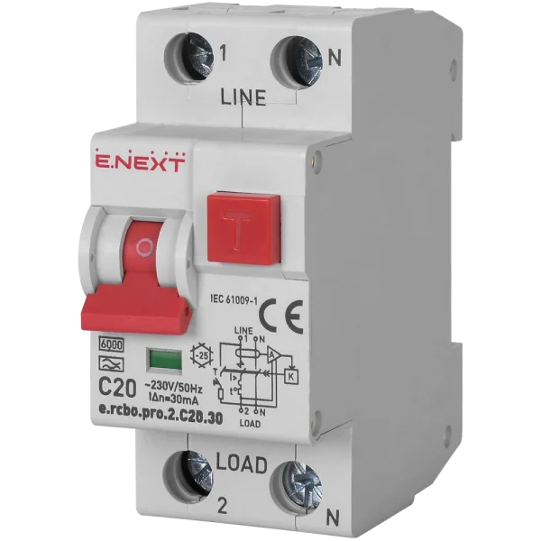 Вимикач диференціального струму із захистом від надструмів Enext e.rcbo.pro.2.C20.30, 1P+N, 20А, С, тип А, 30
