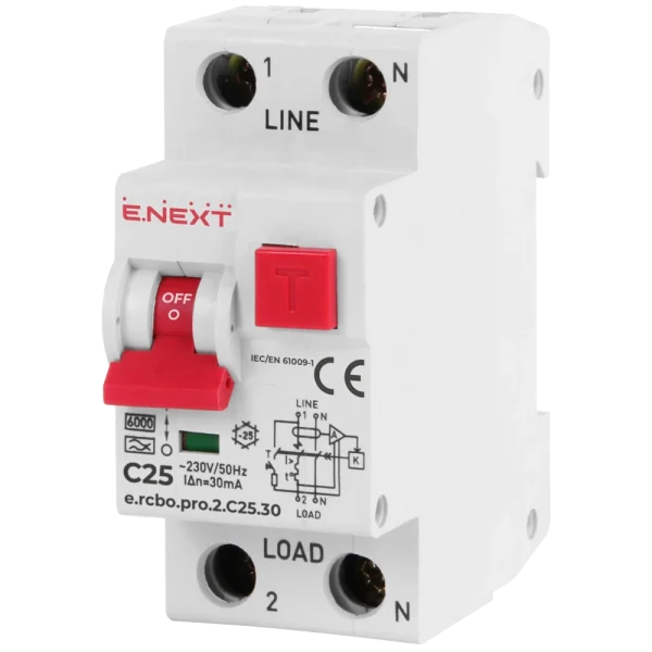 Вимикач диференціального струму із захистом від надструмів Enext e.rcbo.pro.2.C25.30, 1P+N, 25А, С, тип А, 30