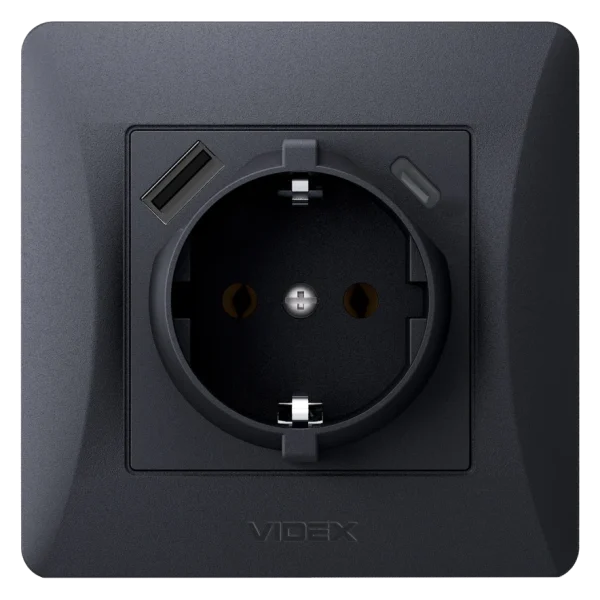 Розетка одинарна із заземленням з USB+USB-C чорний графіт VIDEX BINERA