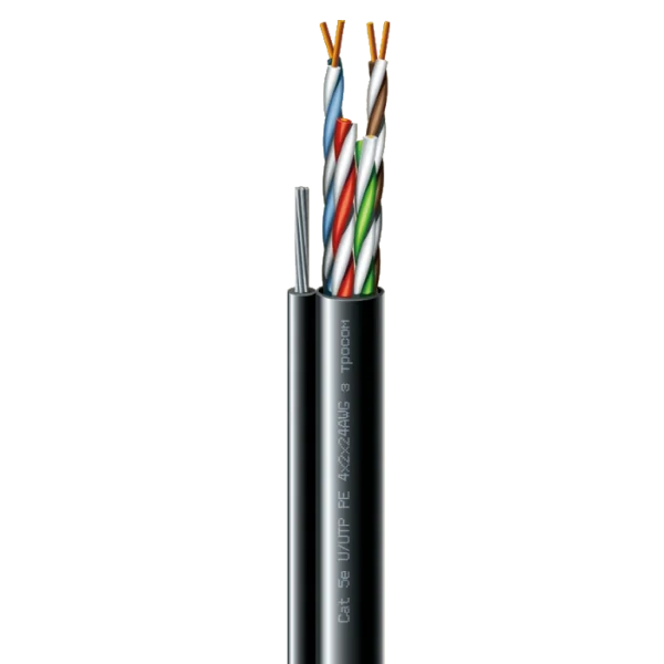 Кабель кручена пара ЗЗКМ (UTP мідь вуличний з тросом) Cat. 5e U/UTP РЕ steel cord 4x2x24 AWG (k) трос (70910181) бухта 169м